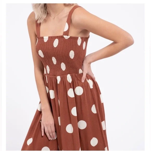 Altar'd State Brown / Burnt Orange and White Polka Dot Midi Dress - Picture 2 of 8